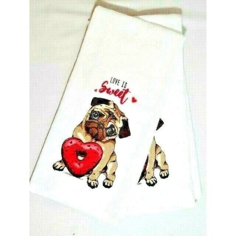 Love is Sweet Red Heart Pug Kitchen Towels Cotton 2-pc Valentine Gift NEW